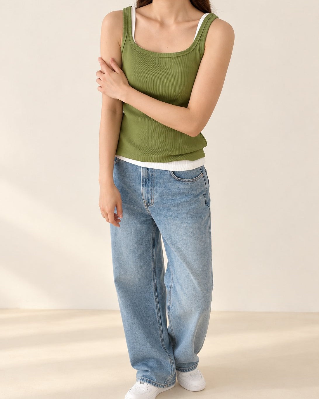 Ribbed Henley Tank Top — Green · 원본 15 수정본