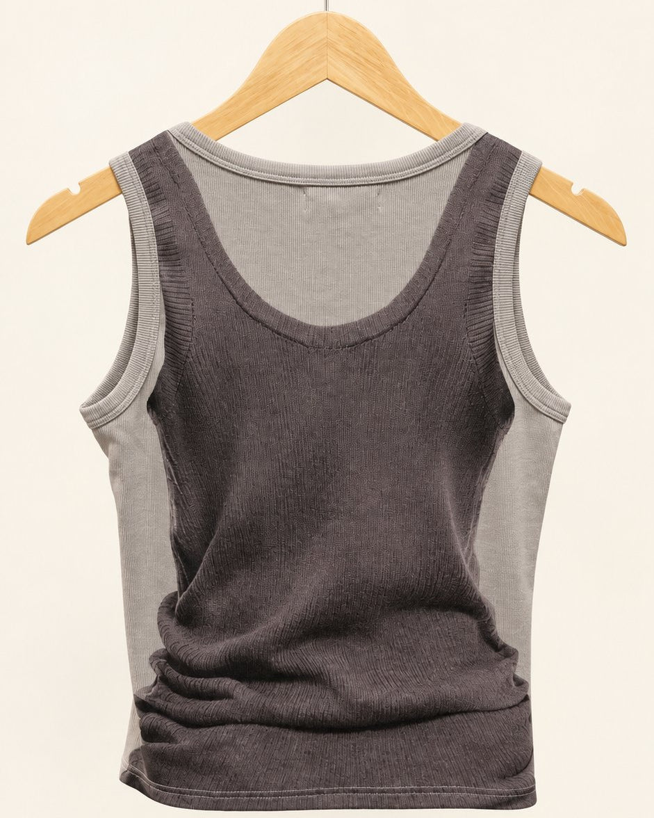 Layered Look Graphic Print Ribbed Tank Top — Gray · 원본 12 수정본