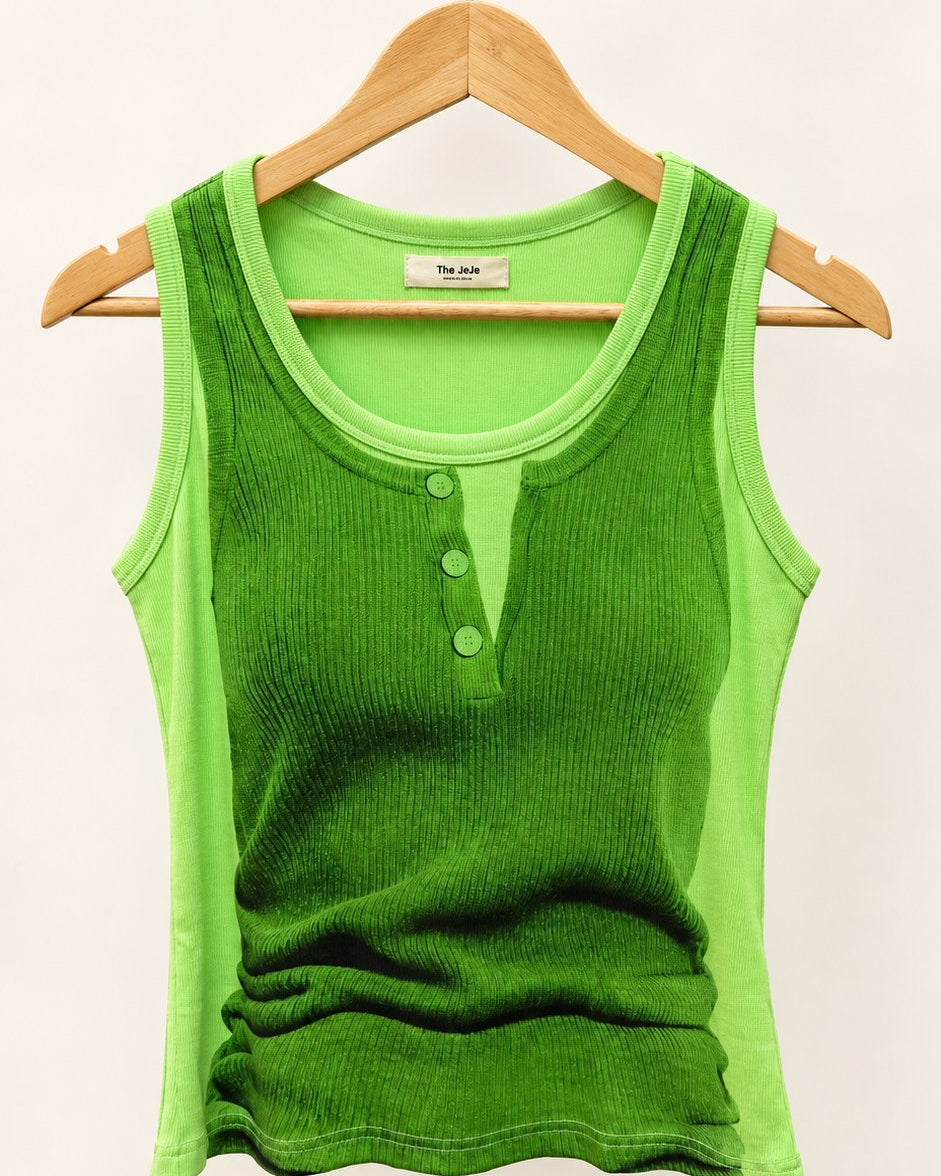 Layered Look Graphic Print Ribbed Tank Top — Green · 원본 17 수정본