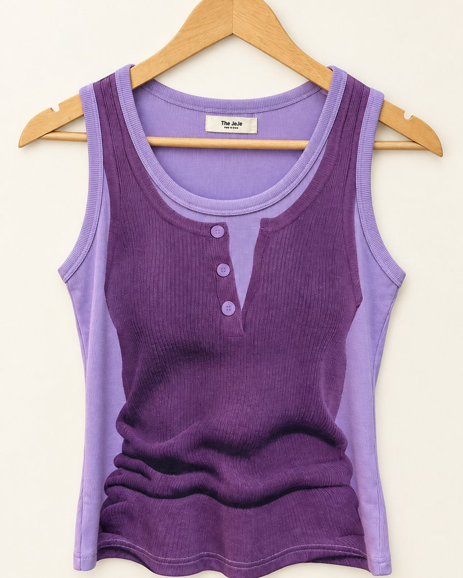 Layered Look Graphic Print Ribbed Tank Top — Light Purple · 원본 14 수정본