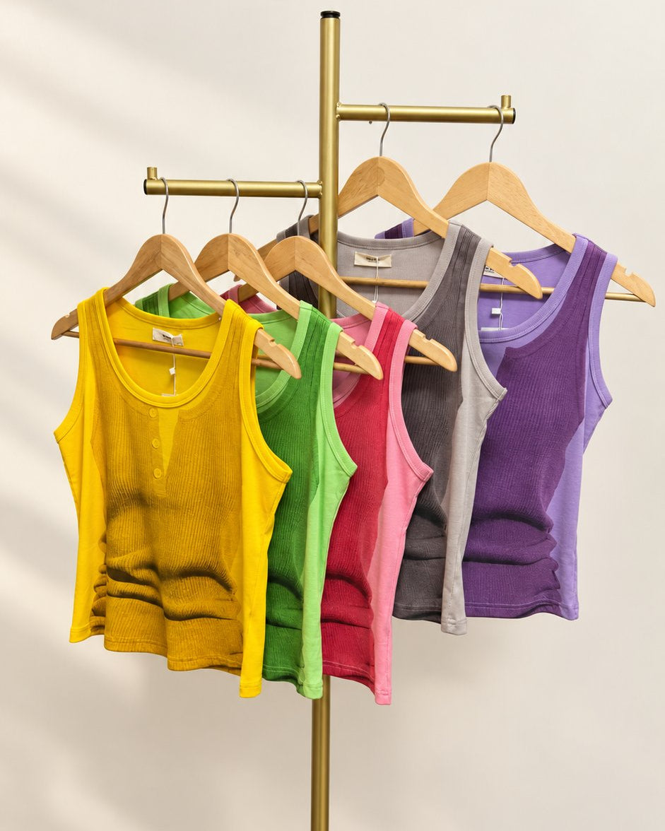 Layered Look Graphic Print Ribbed Tank Top — Yellow / Green / Red / Gray / Light Purple · 원본 21 수정본