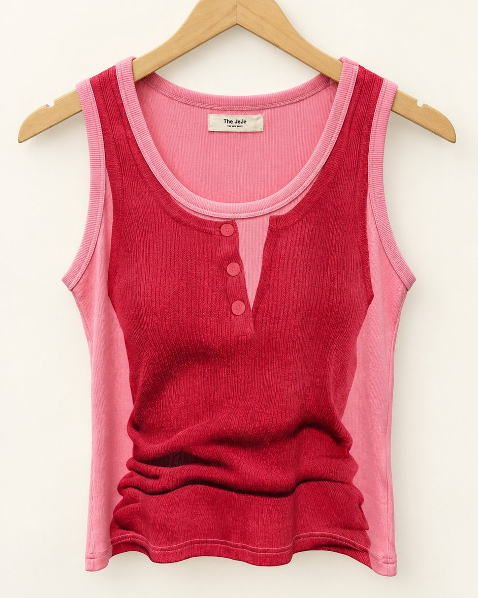 Layered Look Graphic Print Ribbed Tank Top — Red · 원본 16 수정본