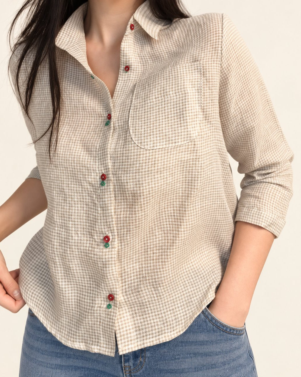 Audrey Gingham Linen Shirt — Beige (사진 색상) · 원본 3 수정본