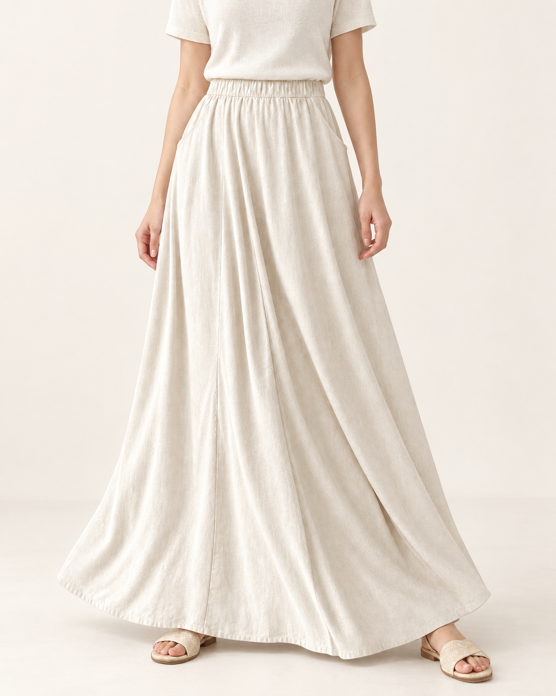 Slim cut linen pocket banding long skirt — Beige — styled outfit