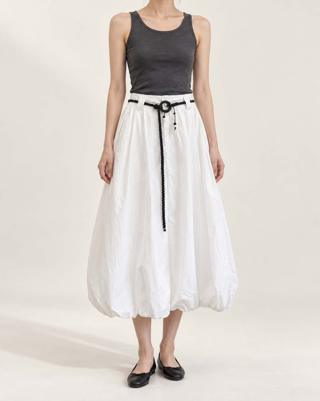 Balloon Belt Skirt — White — styled outfit