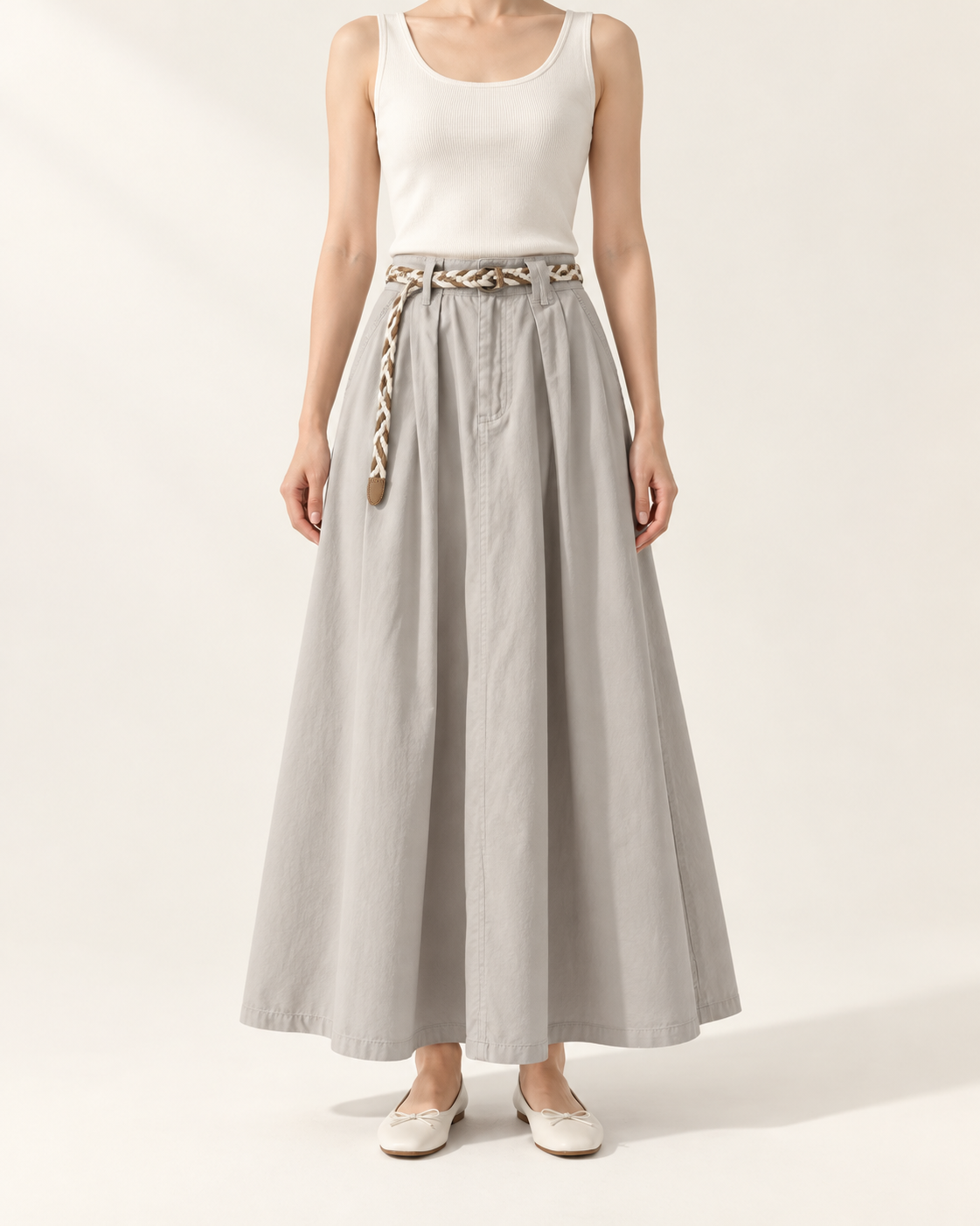 Soft A-Line Maxi Skirt — Light Gray — styled outfit