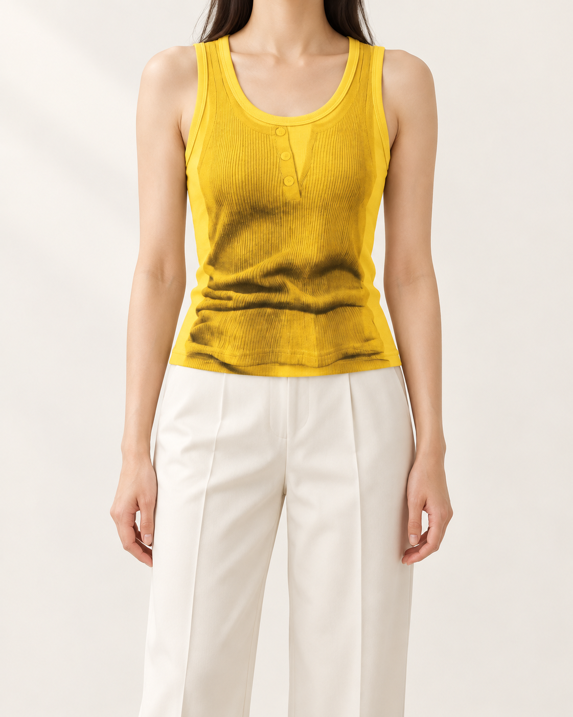 Layered Look Graphic Print Ribbed Tank Top — Yellow — styled outfit