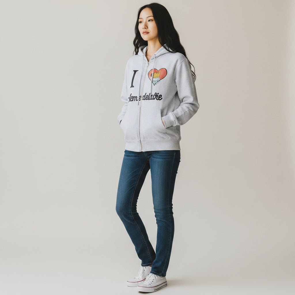 The JeJe Korea fashion&lifestyle의 그레이 컬러 ADLV X ARK BEAR 칠 가이 그래픽 면 집업 후드티를 착용한 여성 모델
