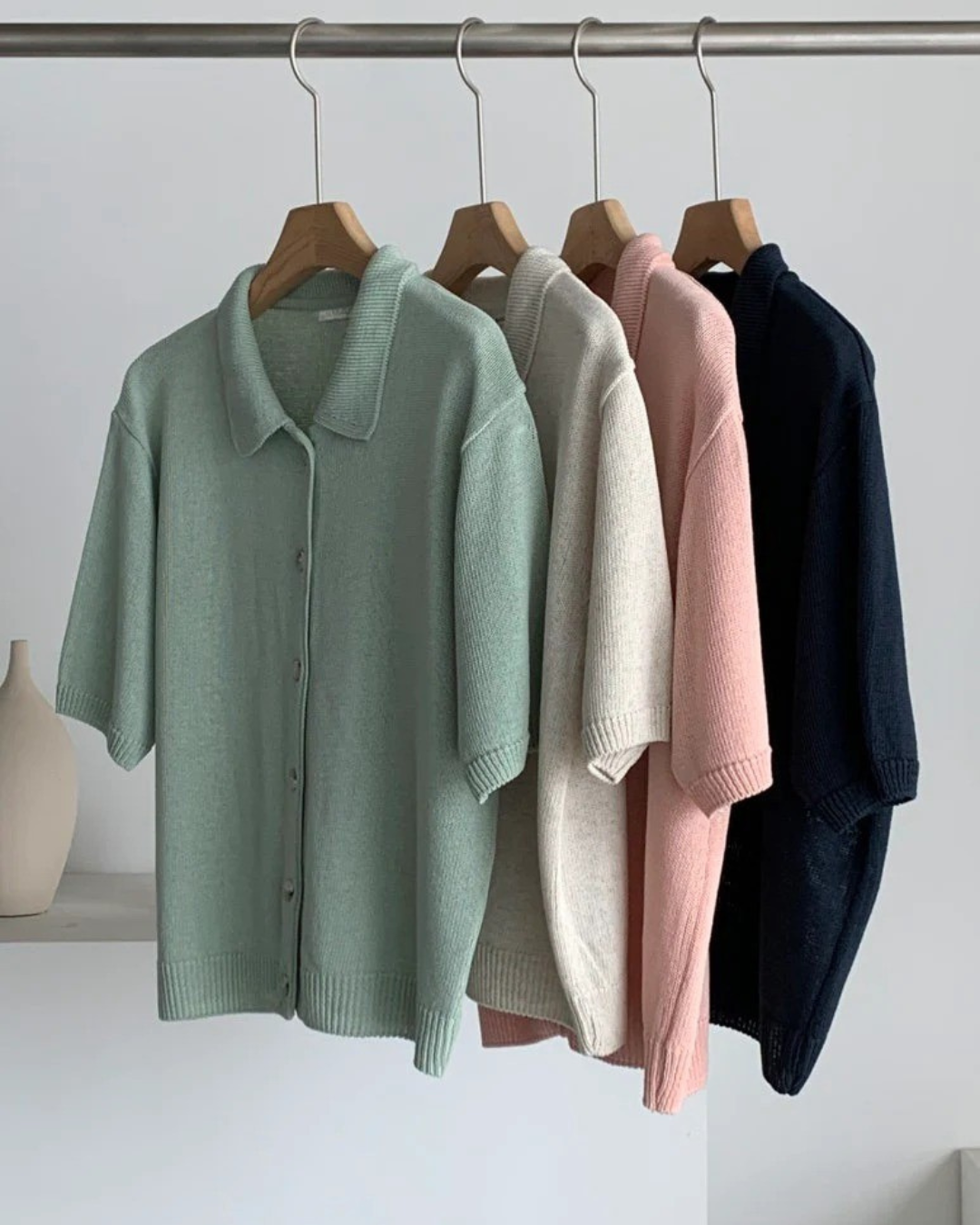 Linen Collar Cardigan | Short Sleeve Knit Shirt