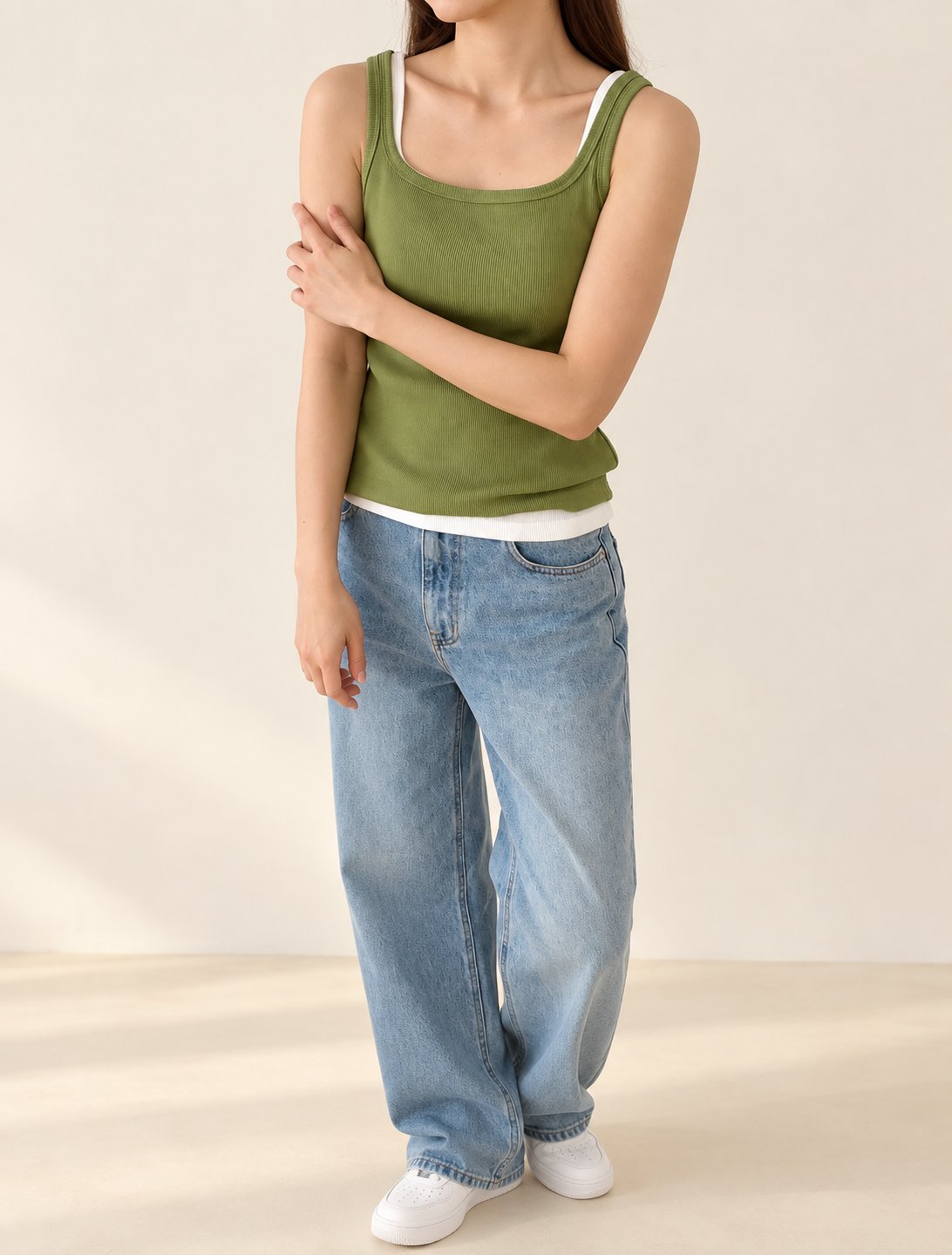 Ribbed Henley Tank Top — Green · 원본 15 수정본