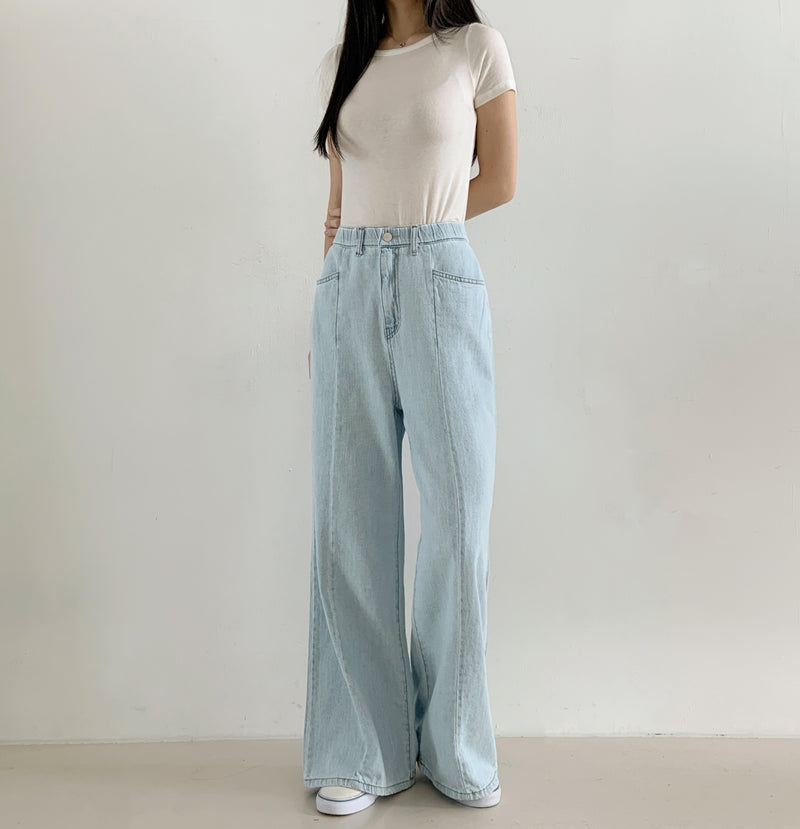 Semi Wide Fit Back Banding Linen Blend Denim Pants
