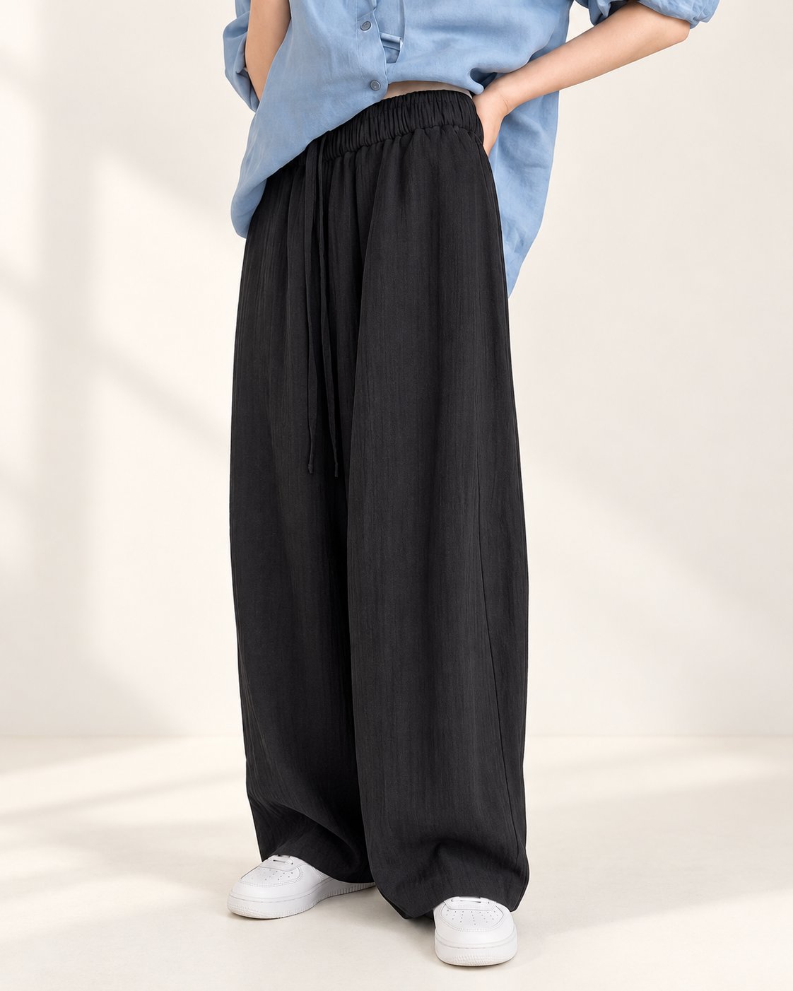 Wide Fit Cotton Banding String Pants — Black · 원본 1 수정본