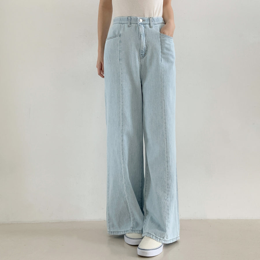 Semi Wide Fit Back Banding Linen Blend Denim Pants | Korean Fashion Singapore
