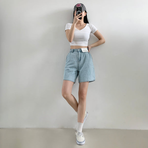 Side Banding Linen Blend Denim Shorts | Korean Fashion Singapore