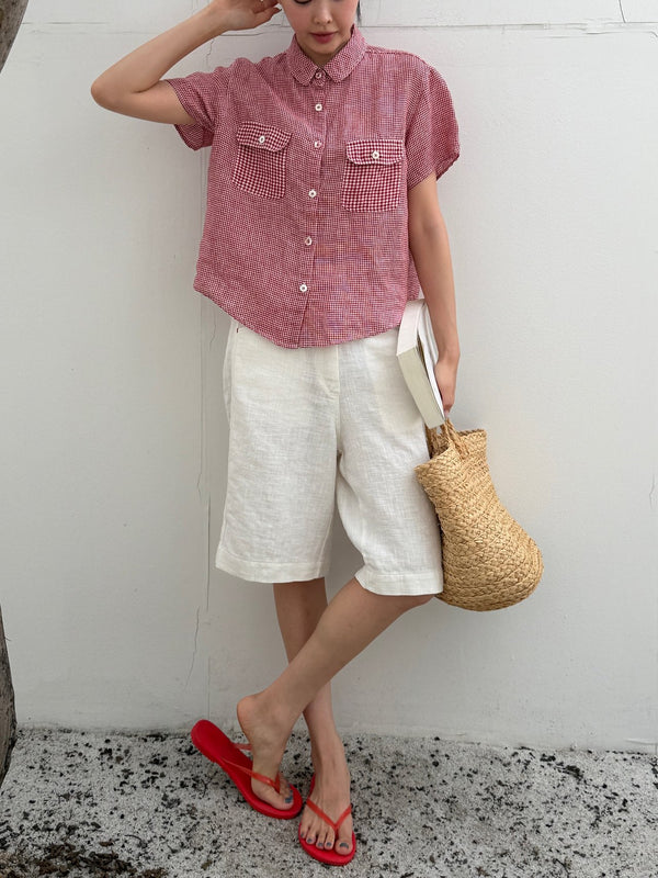 Pure Linen Gingham Short Sleeve  Shirt