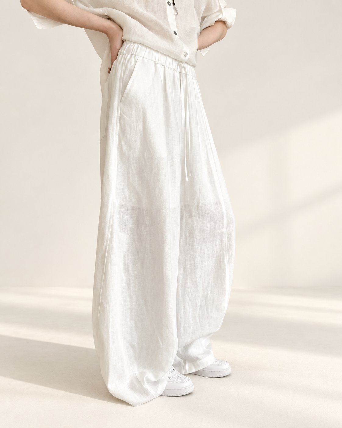 Wide Fit Cotton Banding String Pants — White · 원본 3 수정본