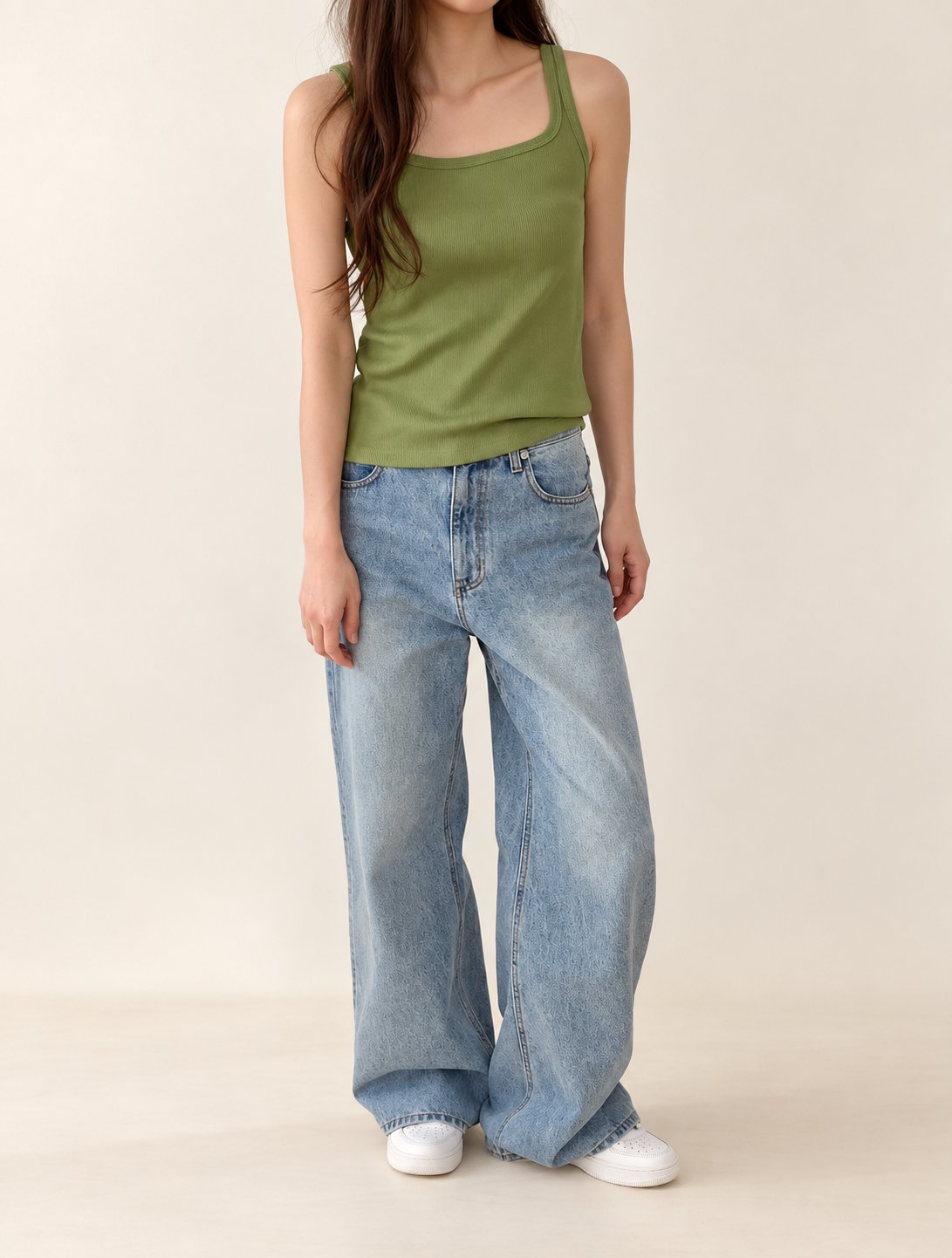 Ribbed Henley Tank Top — Green · 원본 14 수정본