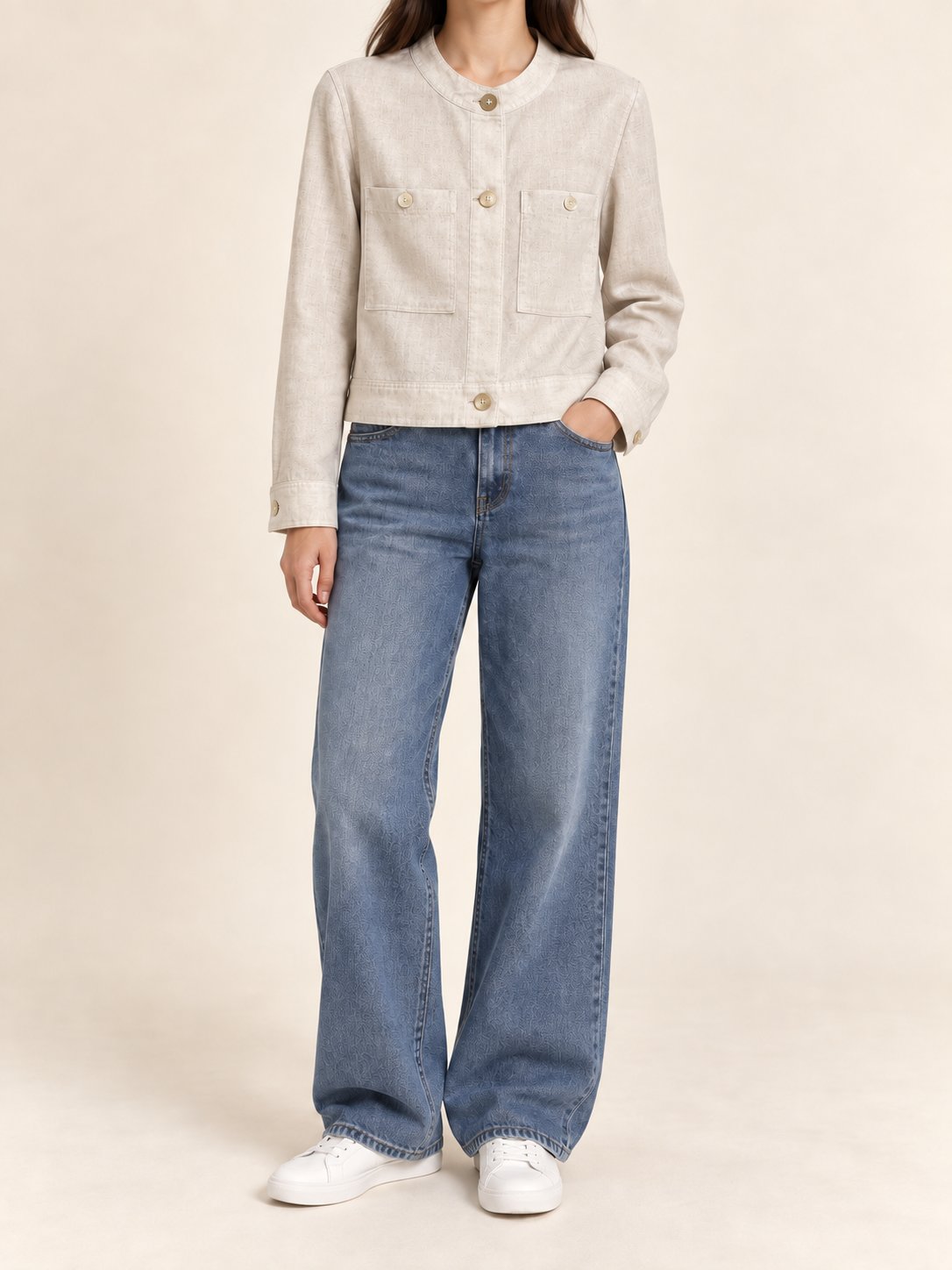 High Collared Pocket Linen Jacket — Beige · 착용컷