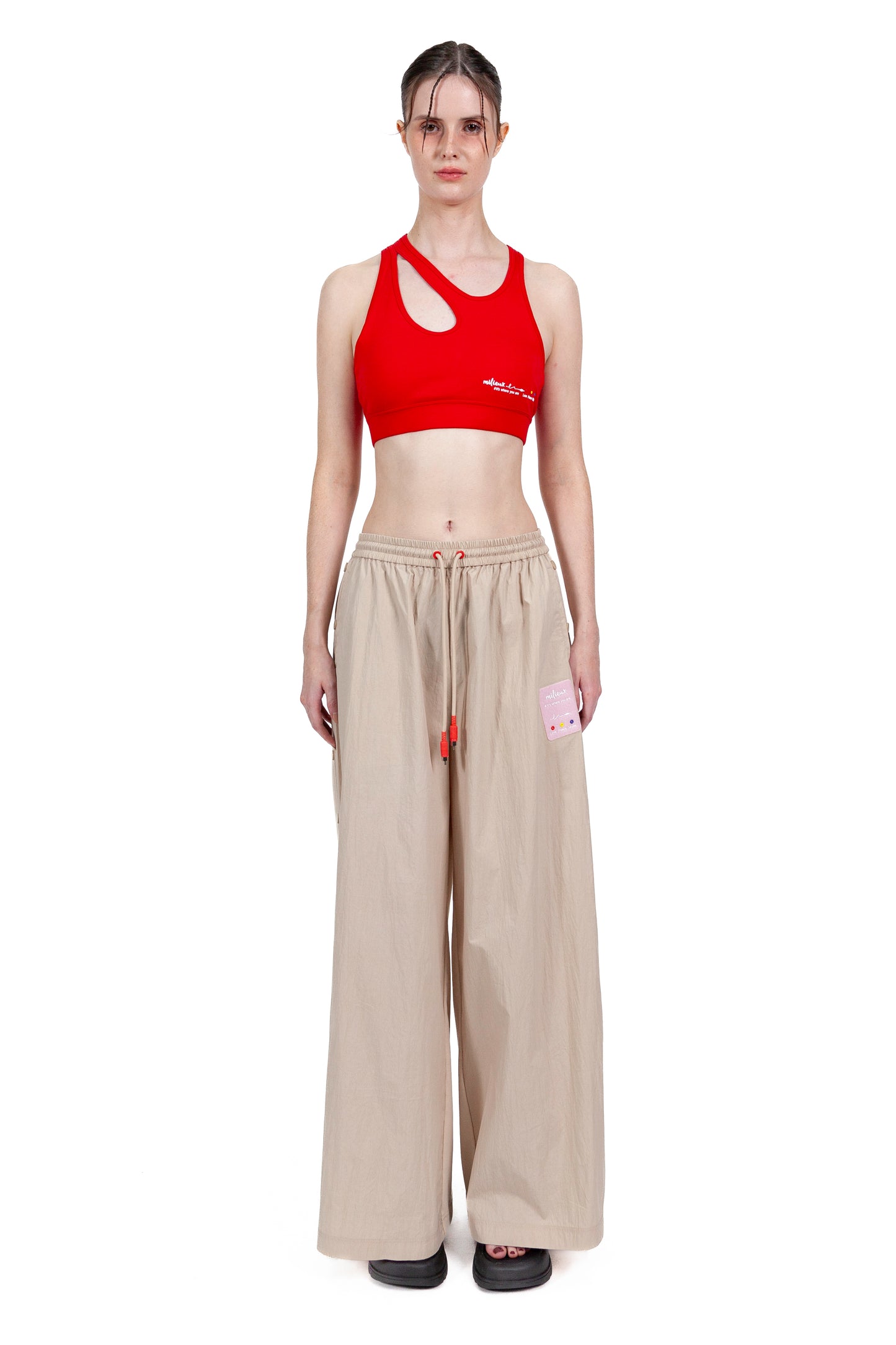 Drawstring Mixed Fabric Pants Long