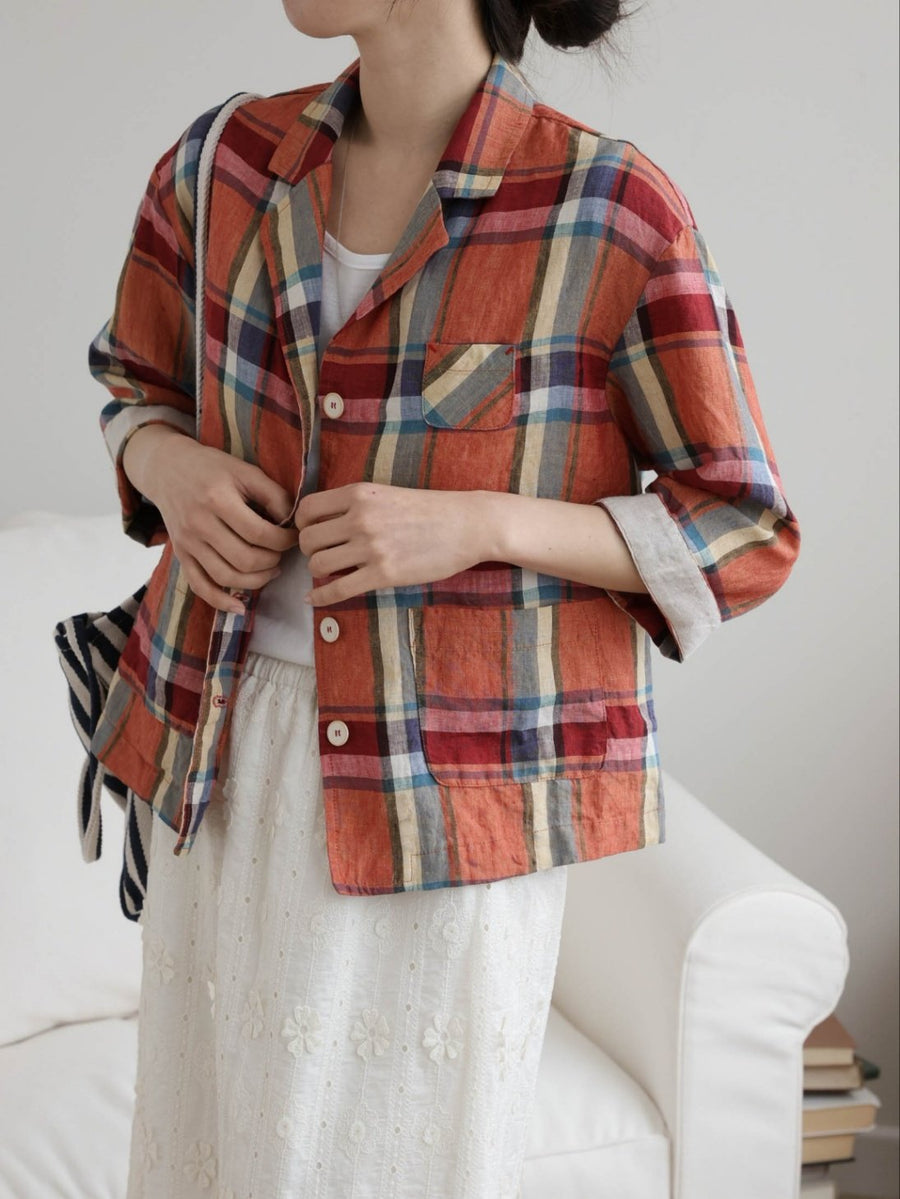 Open Collar Check Linen Jacket