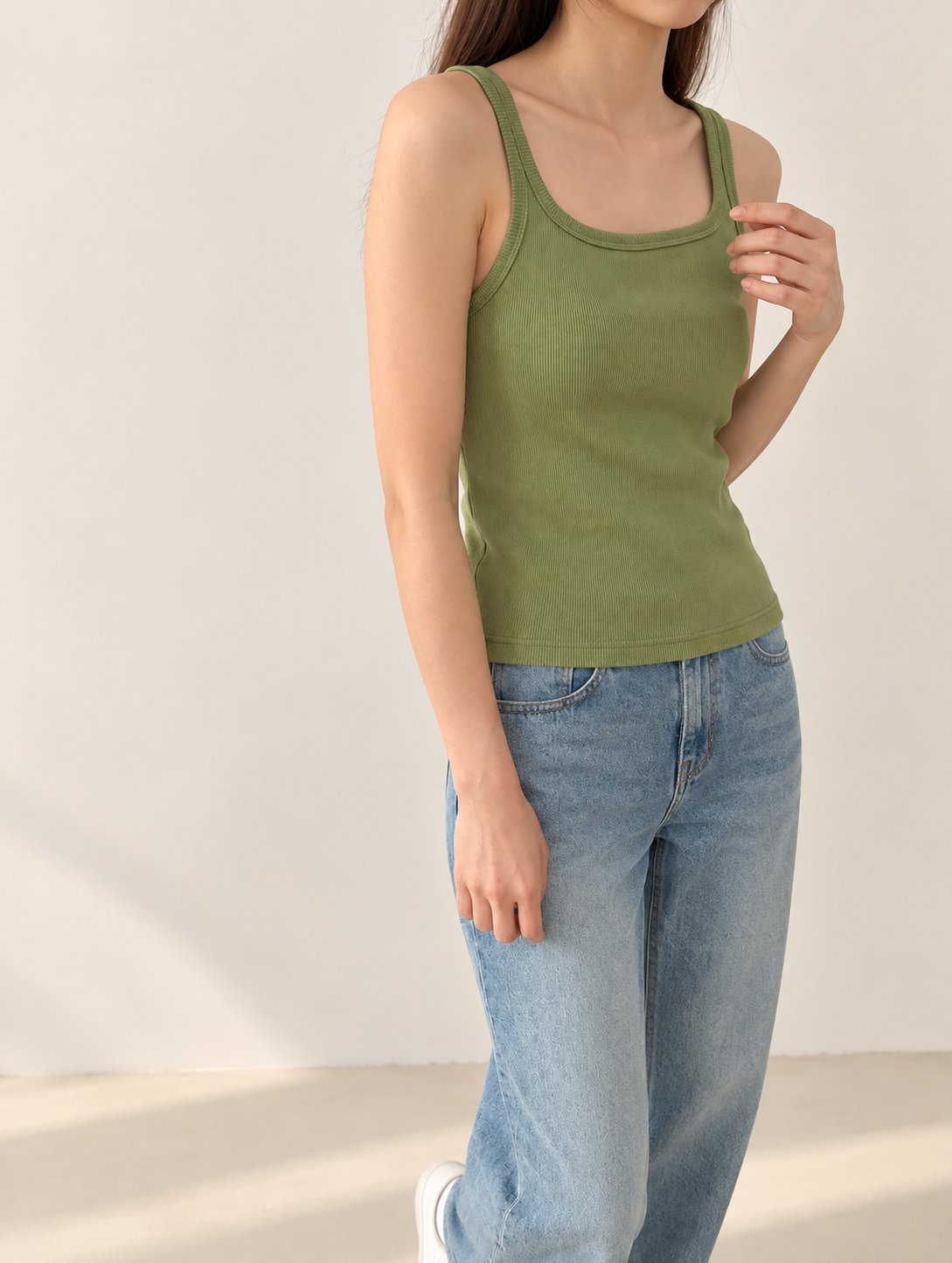 Ribbed Henley Tank Top — Green · 원본 12 수정본