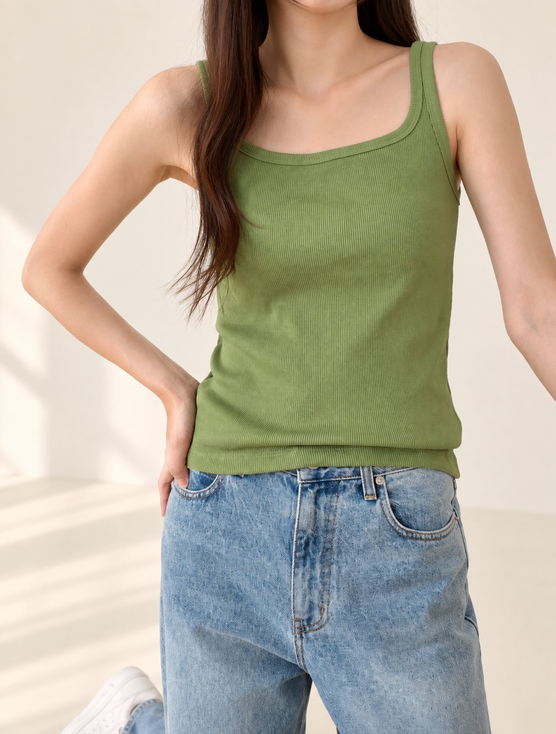 Ribbed Henley Tank Top — Green · 원본 10 수정본