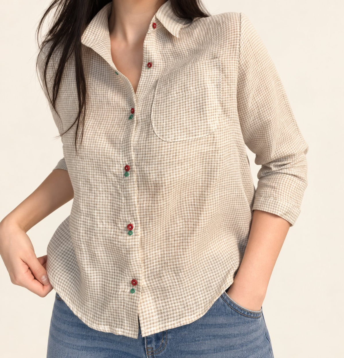 Audrey Gingham Linen Shirt — Beige (사진 색상) · 원본 3 수정본