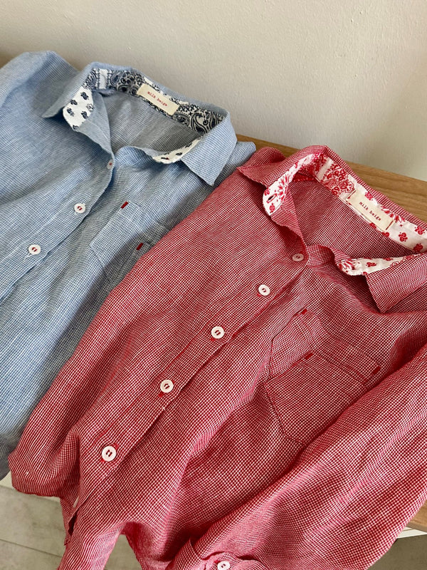 Mini Gingham Linen Short Style Shirt