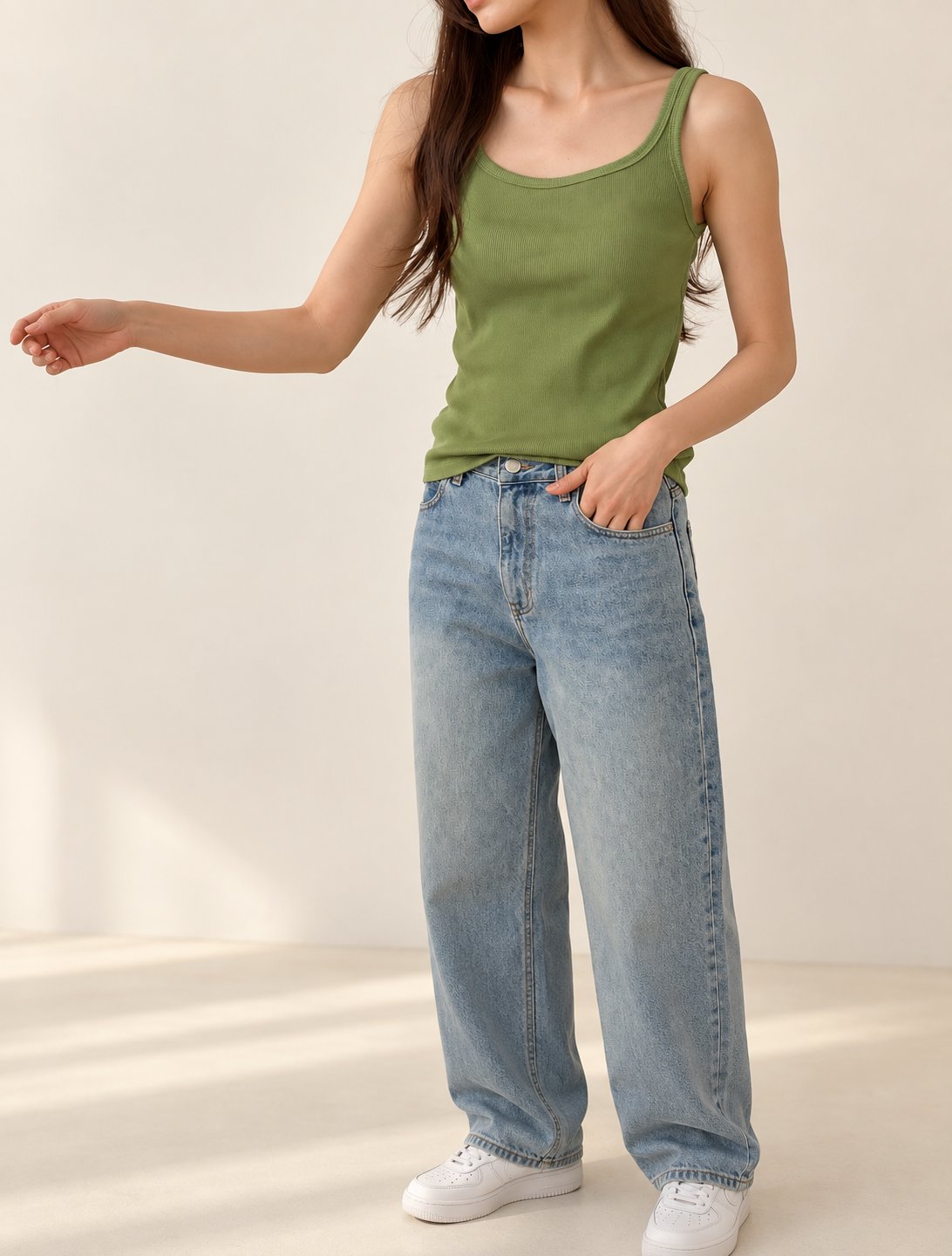 Ribbed Henley Tank Top — Green · 원본 1 수정본
