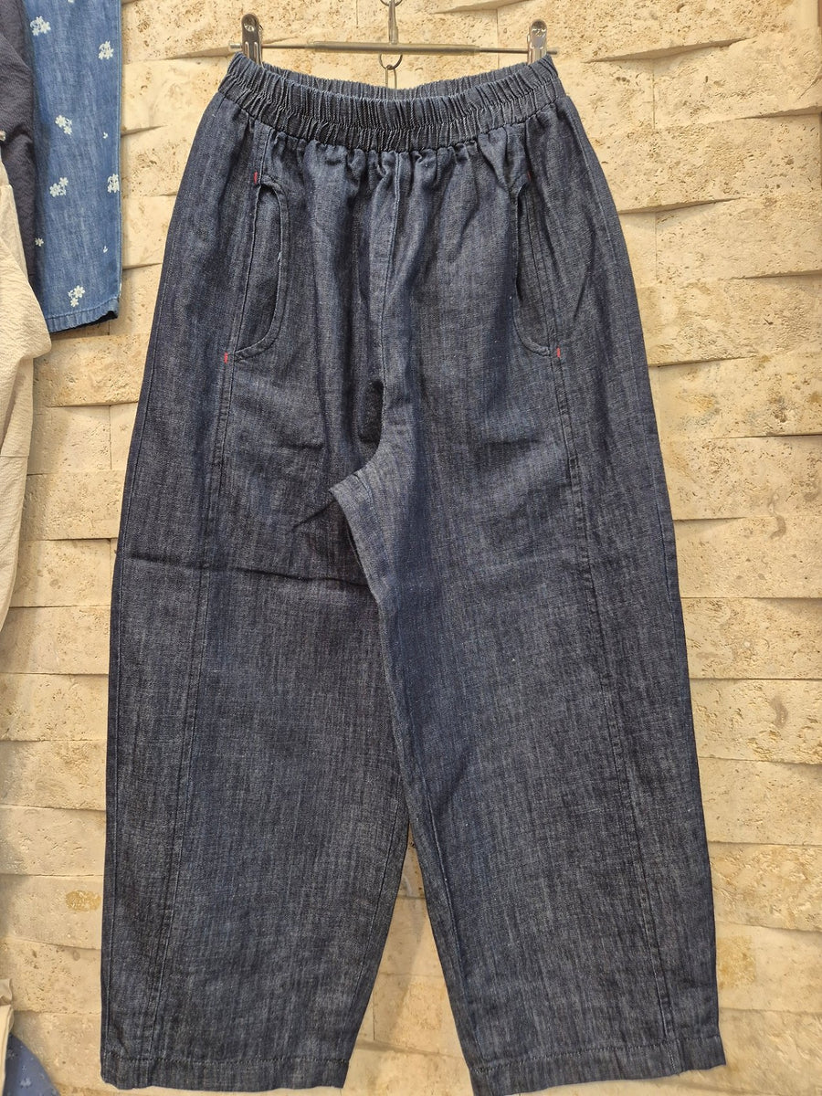 Indigo Stitch Wide Linen Blended Denim Pants