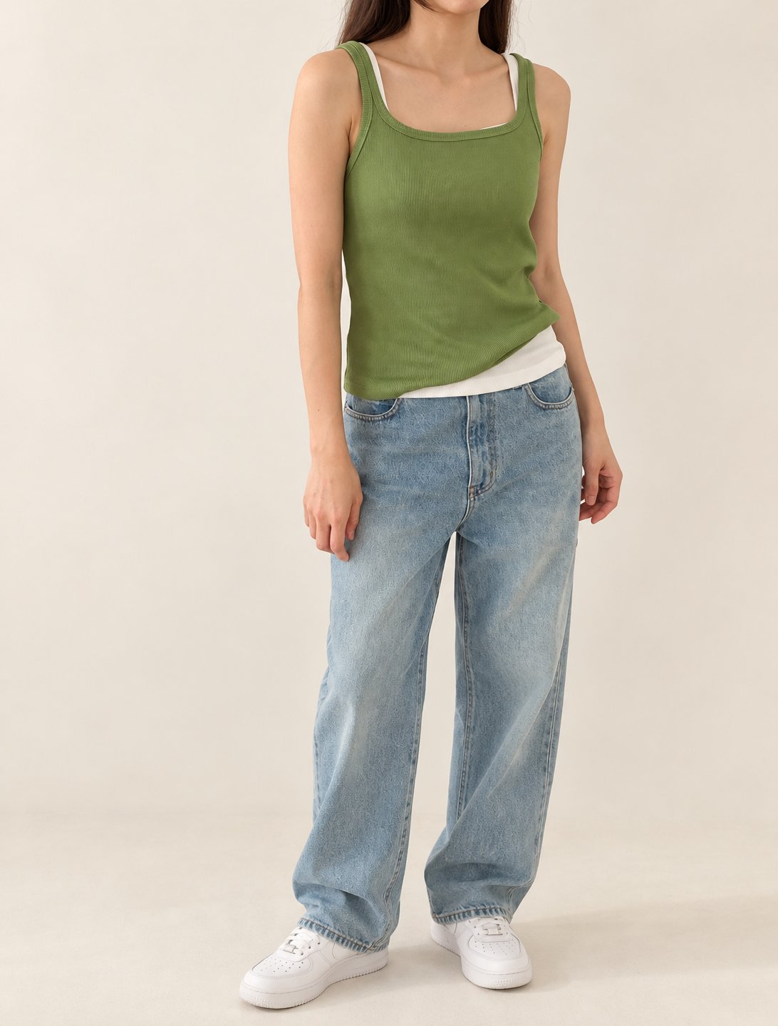Ribbed Henley Tank Top — Green · 원본 11 수정본