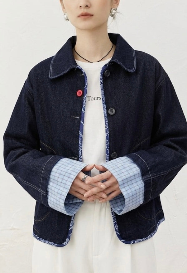 Patterned Sleeves Denim Jacket