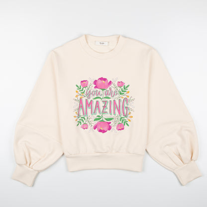 Flower Balloon Sleeve Sweat Shirt