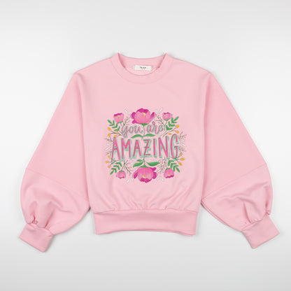 Flower Balloon Sleeve Sweat Shirt