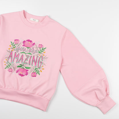 Flower Balloon Sleeve Sweat Shirt