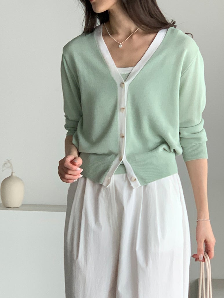 Linen Two-Tone Cardigan |V-Neck Cardigan