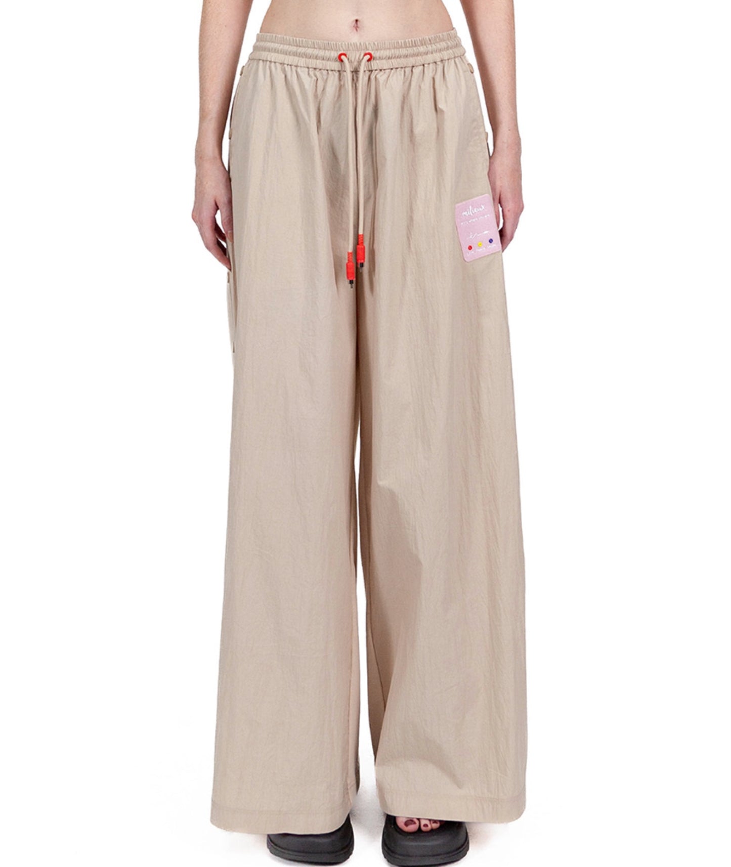 Drawstring Mixed Fabric Pants Long