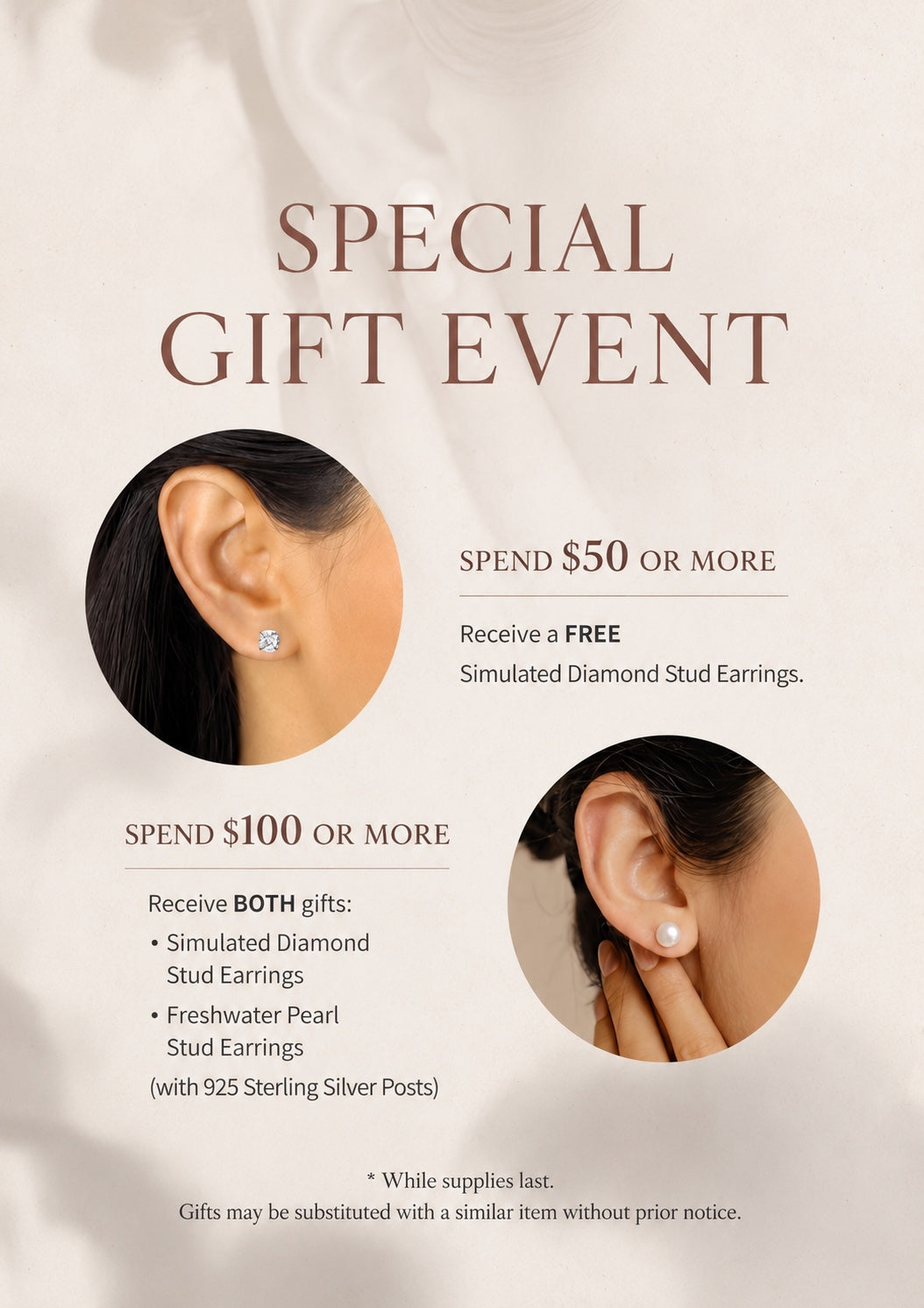 December special gift event: spend S$50 for free Simulated Diamond Stud Earrings; spend S$100 for both gifts including Freshwater Pearl Stud Earrings.