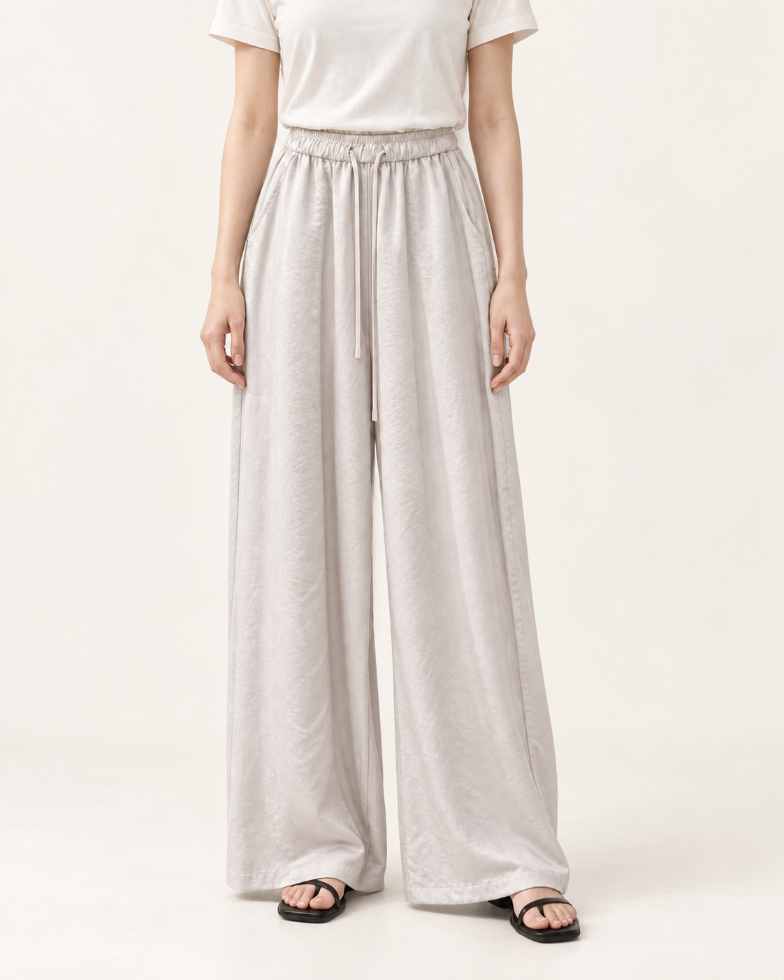 Wide Fit Cotton Banding String Pants — Light Gray — styled outfit