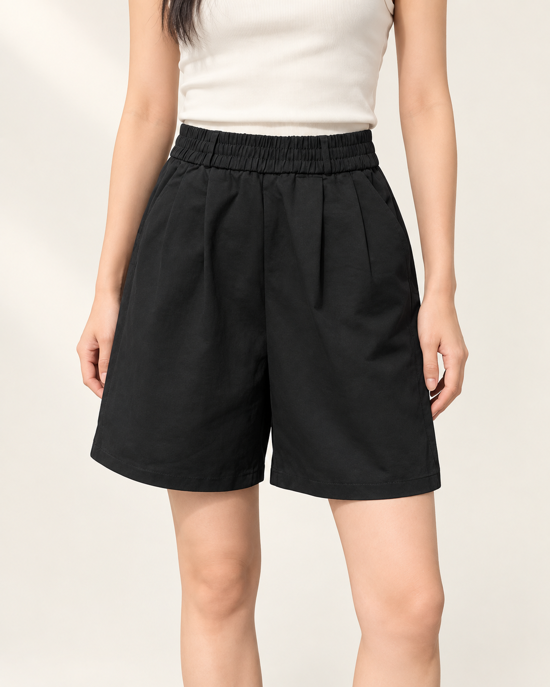 Basic Cotton Banding Pocket Shorts — Black — styled outfit