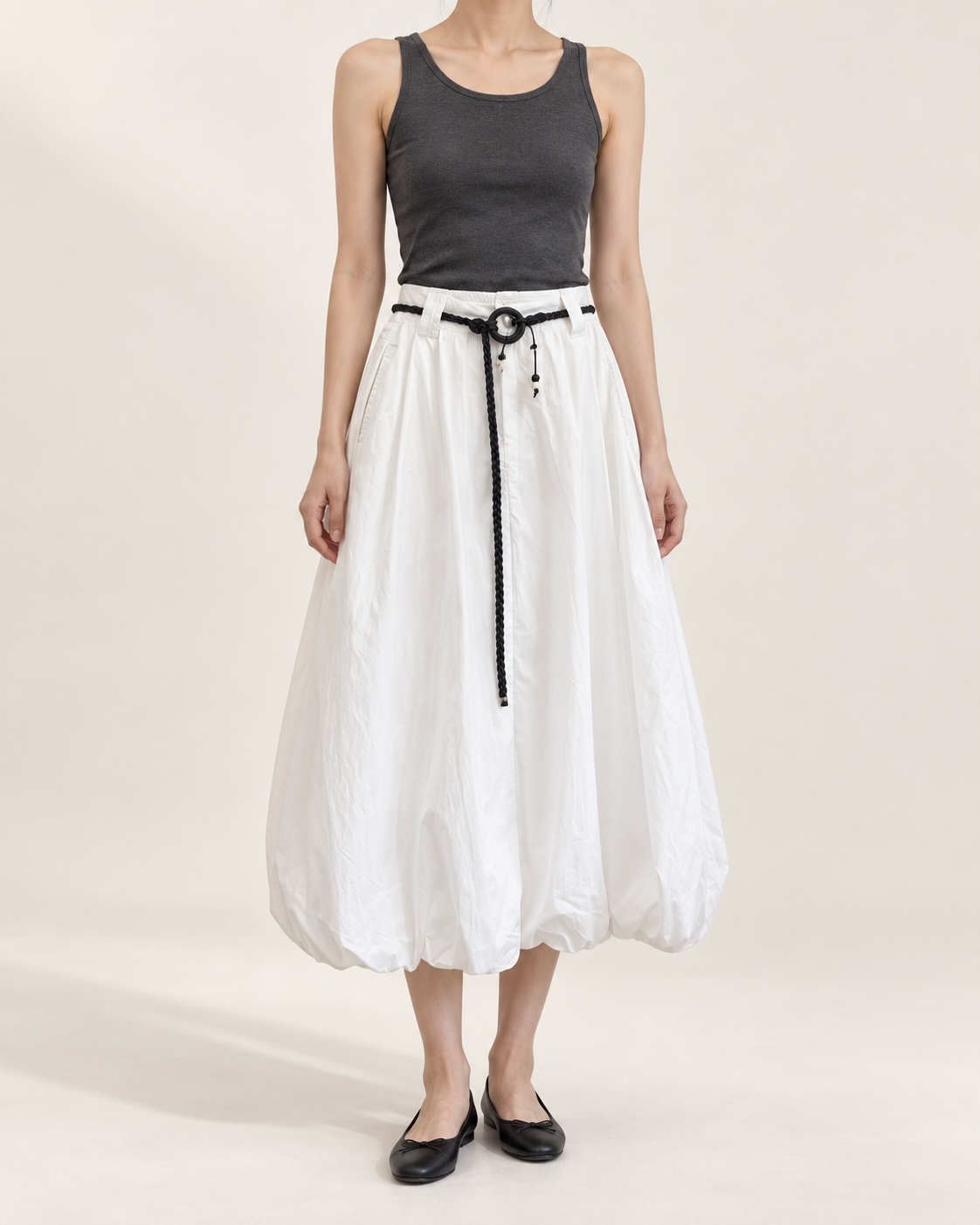Balloon Belt Skirt — White — styled outfit