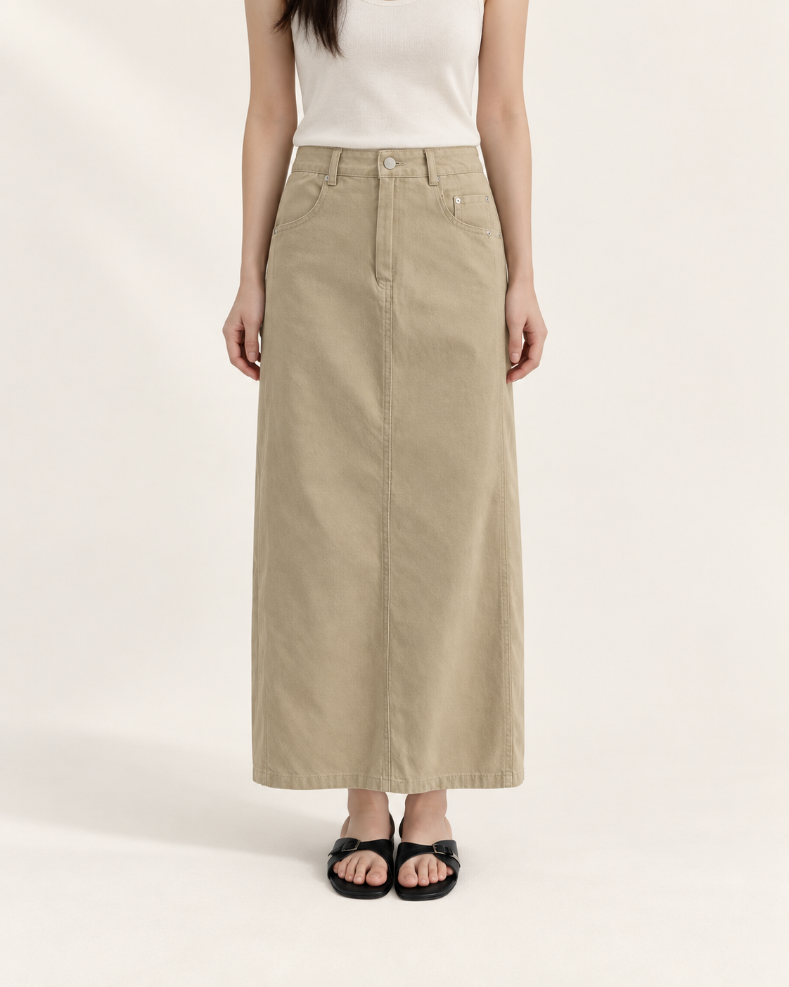 Straight Fit Cotton Skirt — Beige — styled outfit