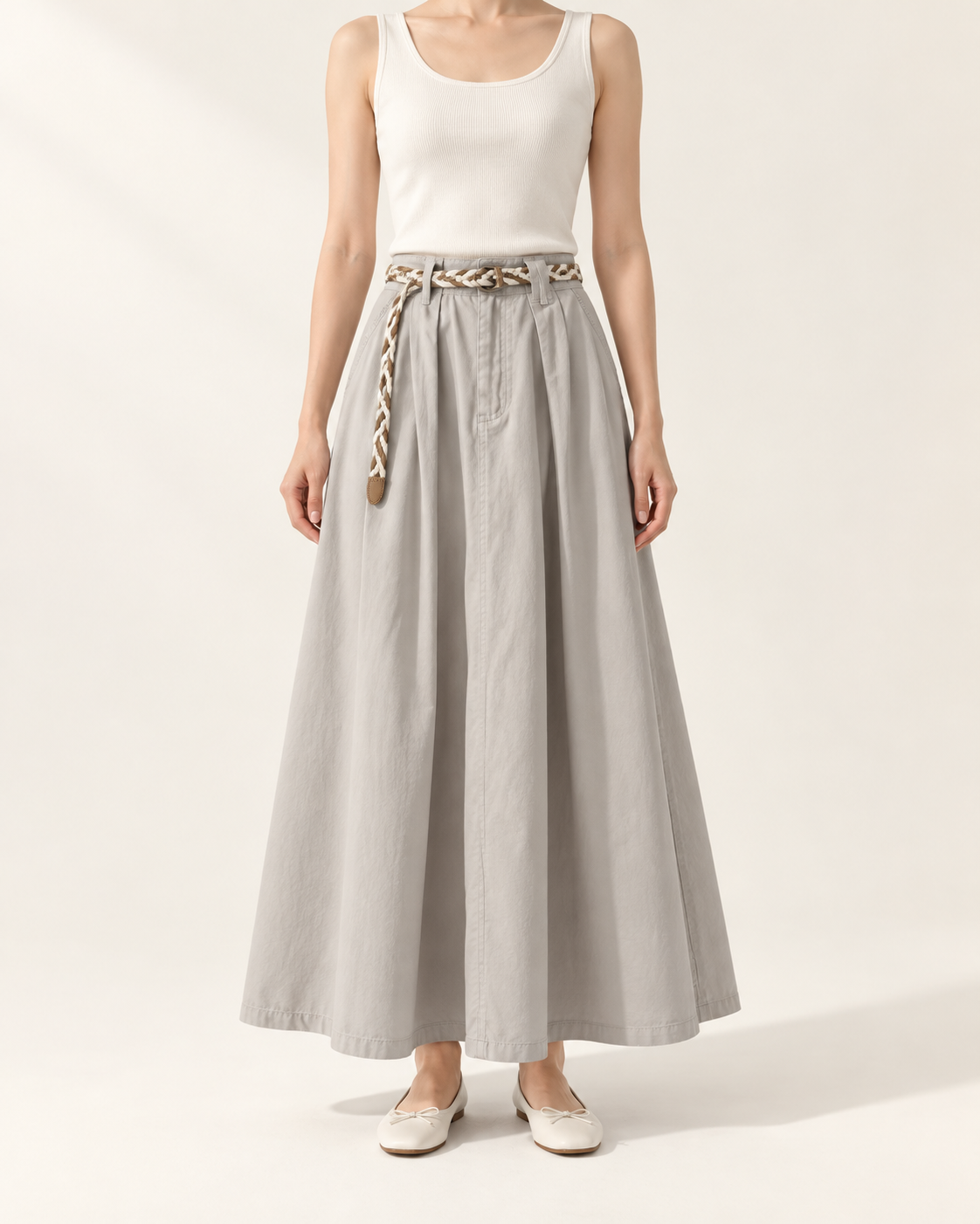 Soft A-Line Maxi Skirt — Light Gray — styled outfit
