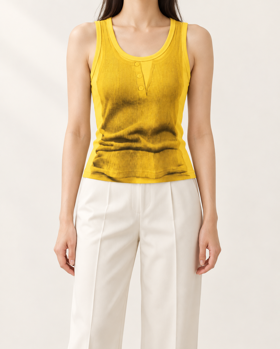 Layered Look Graphic Print Ribbed Tank Top — Yellow — styled outfit