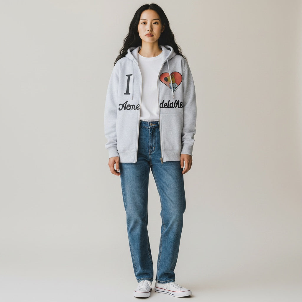 The JeJe Korea fashion&lifestyle의 그레이 컬러 면 소재 ADLV X ARK BEAR 칠 가이 그래픽 집업 후드티를 착용한 모델