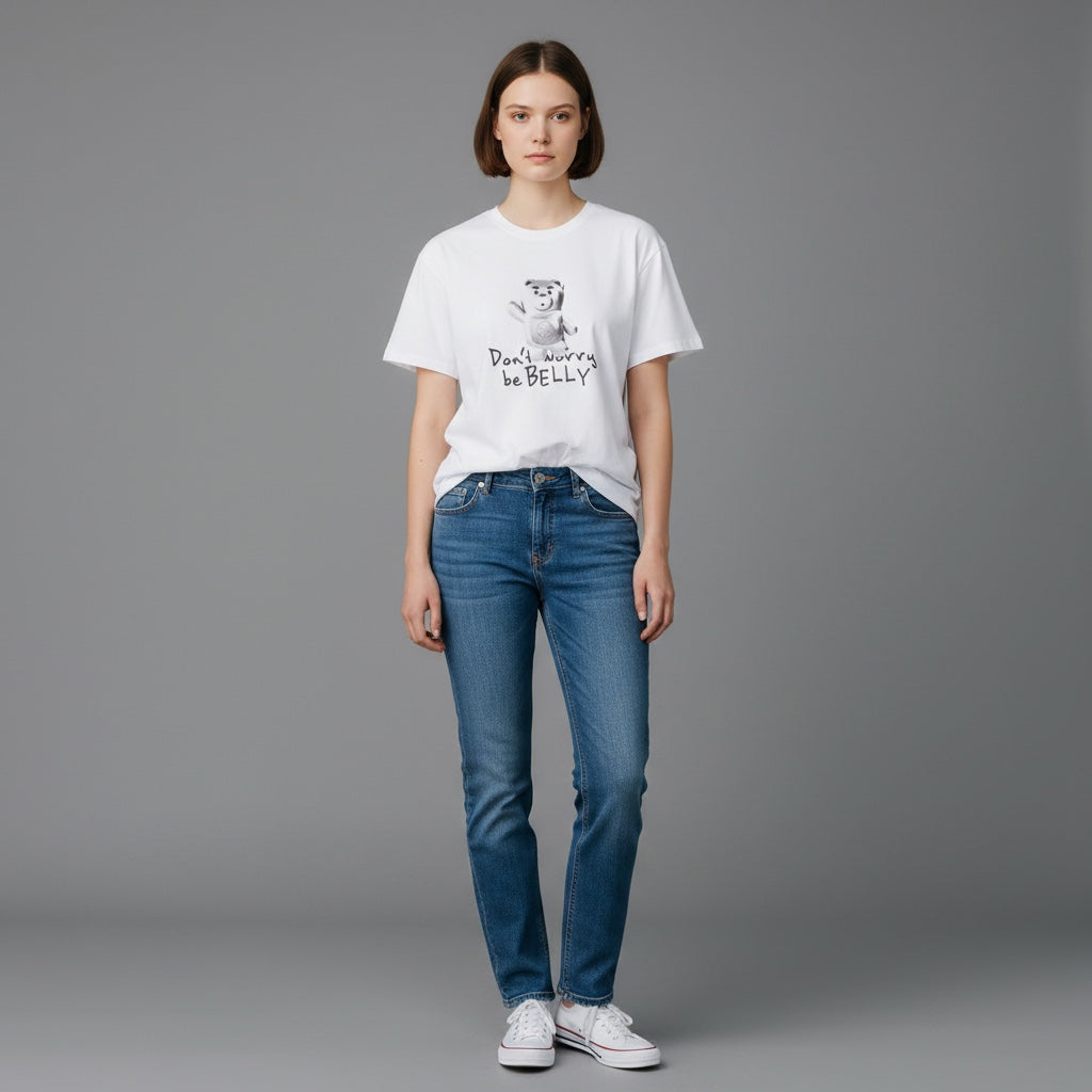 The JeJe Korea fashion&lifestyle ADLV X Metal Valley 화이트 코튼 반팔 티셔츠, 귀여운 캐릭터 그래픽과 Don't worry be BELLY 문구가 프린트됨
